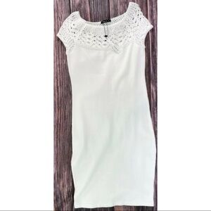 Patty Boutik Sz L Ivory Sheath Sweater Dress Cap Sleeve Open Knit Upper NEW